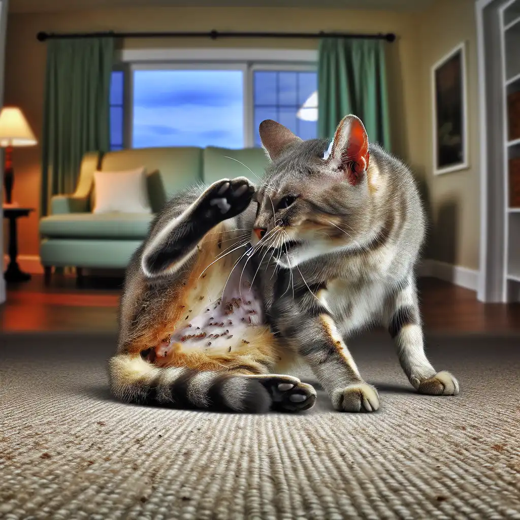 Кошка чешется от блох, демонстрируя связь между наружными и внутренними паразитами