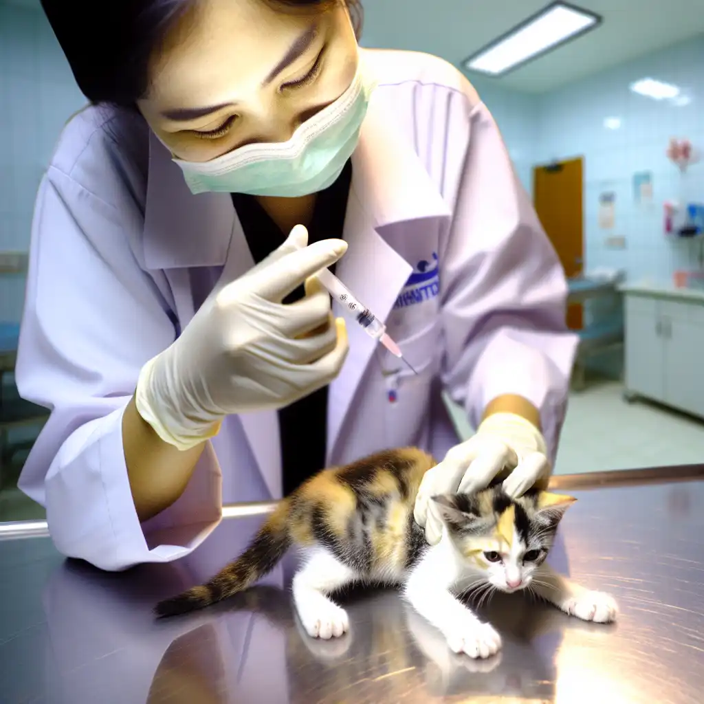 Ветеринар делает прививку маленькому котенку в клинике