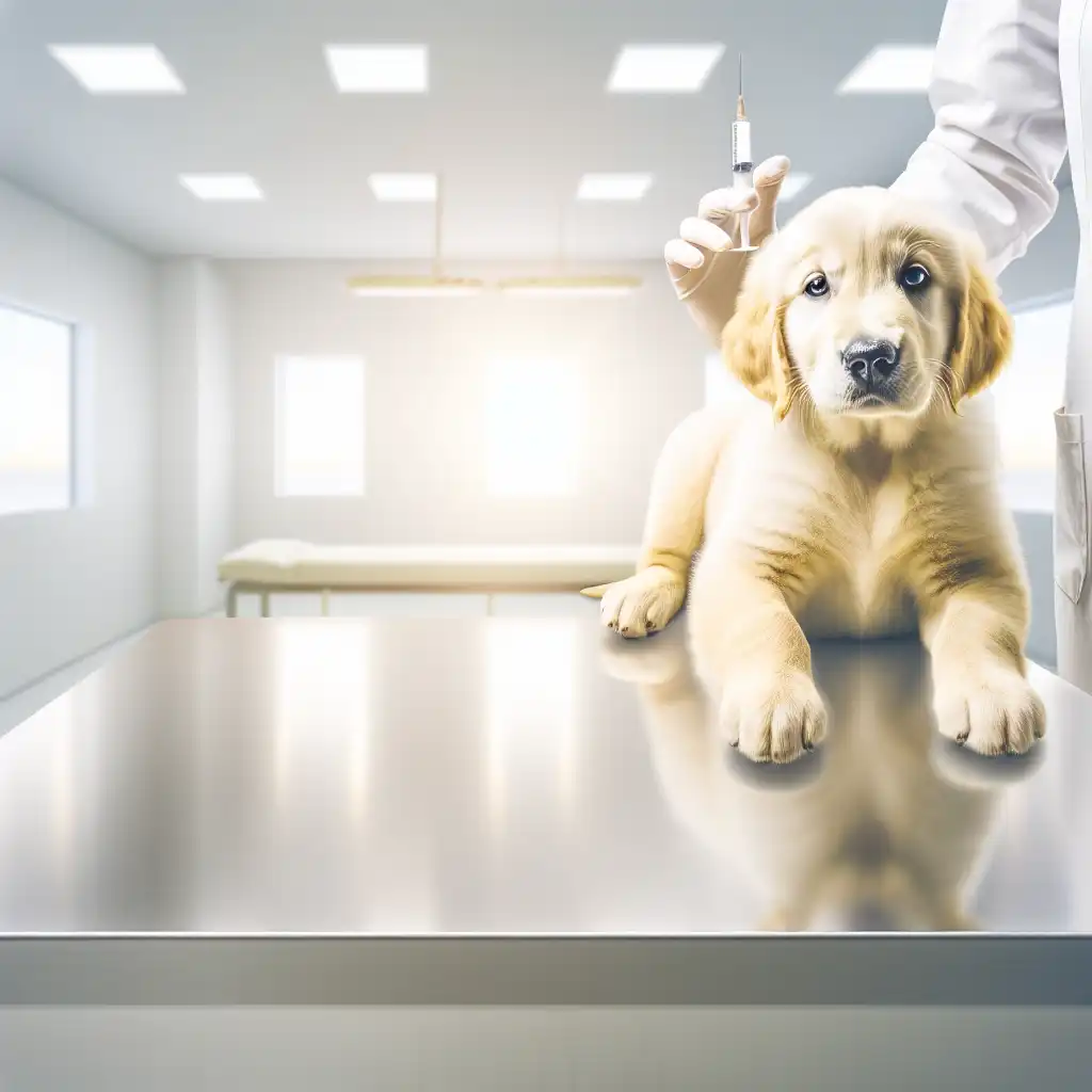 Щенок золотистого ретривера получает первую прививку у ветеринара в клинике