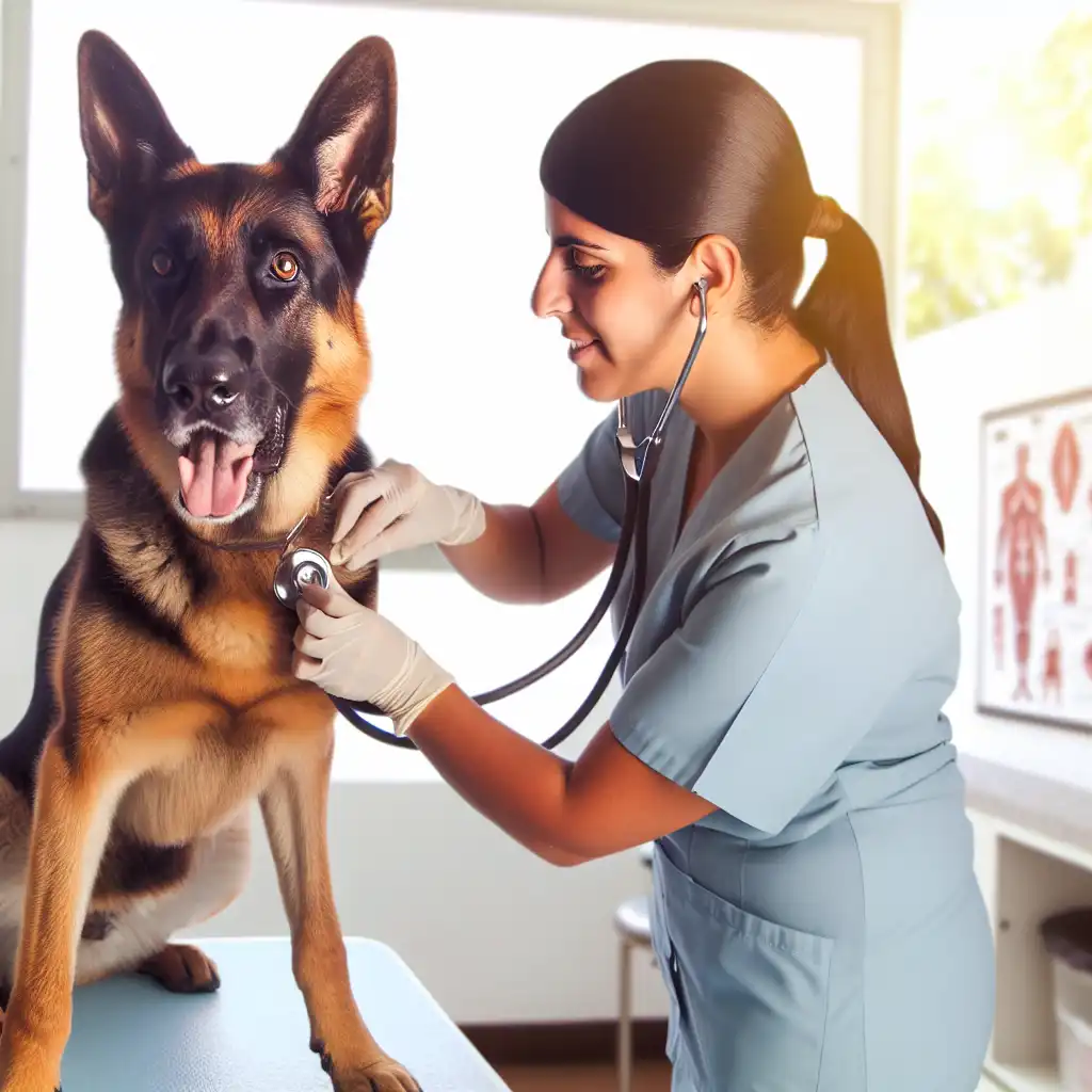 Взрослая немецкая овчарка проходит ветеринарный осмотр перед ревакцинацией