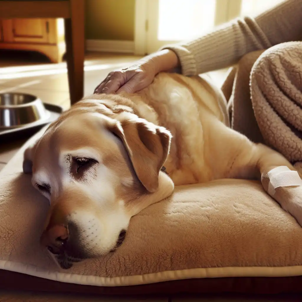 Лабрадор отдыхает дома после вакцинации под заботливым присмотром владельца