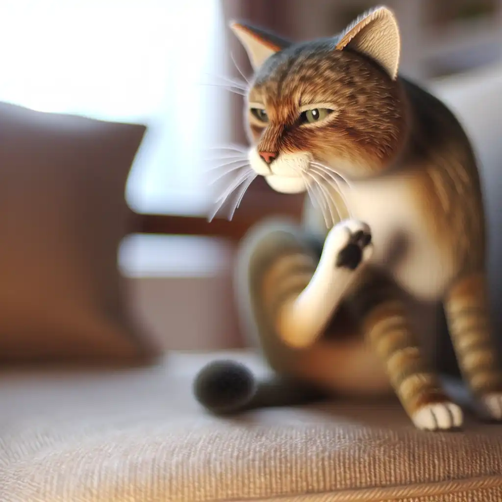 Домашняя кошка активно чешется от блох на диване в квартире