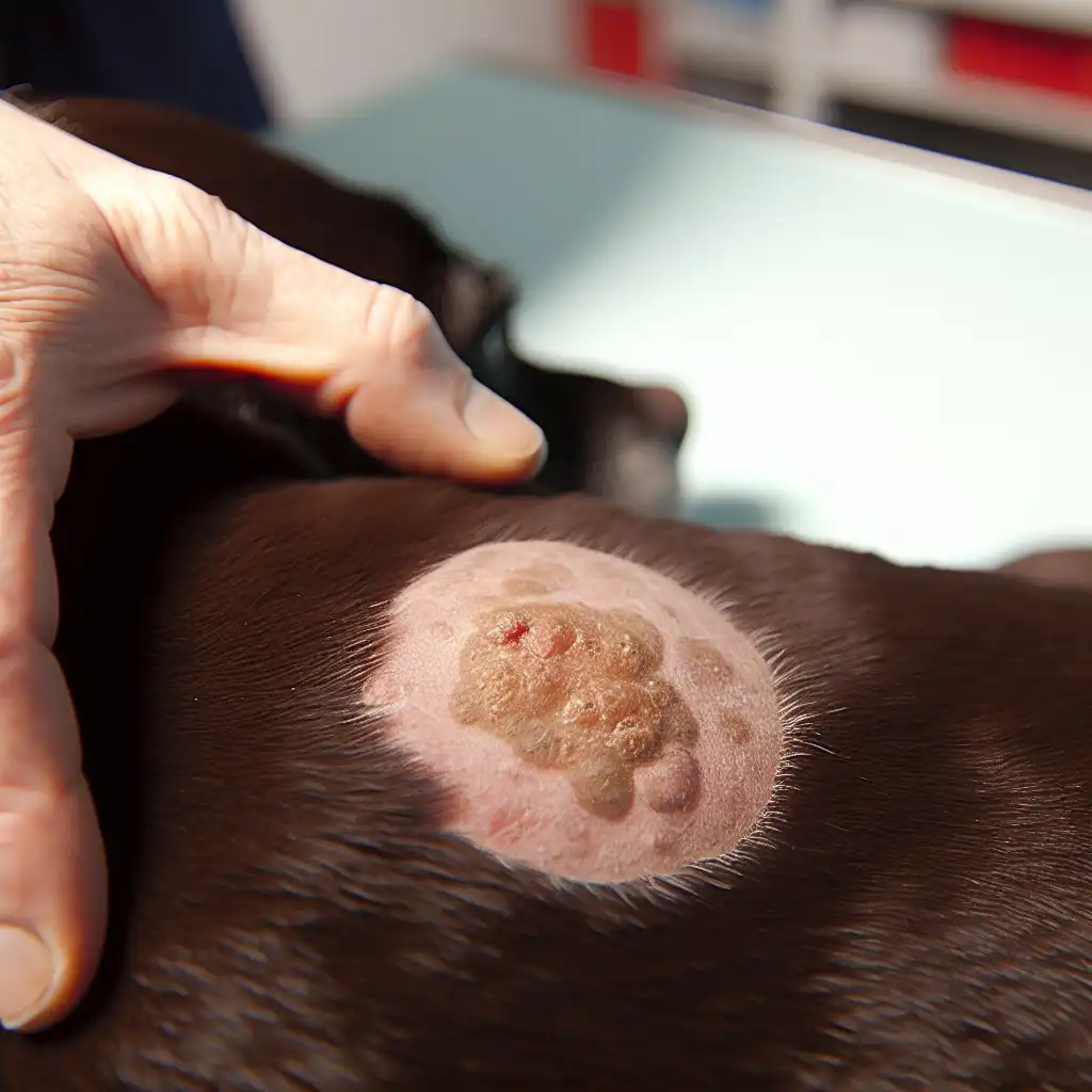 Круглая залысина с шелушащейся кожей на боку собаки — признак лишая
