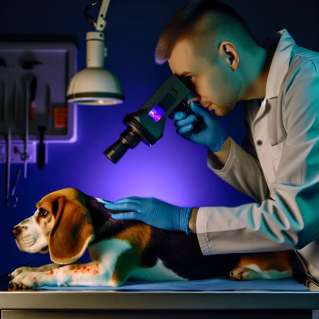 Ветеринар проводит диагностику лишая у собаки с помощью лампы Вуда