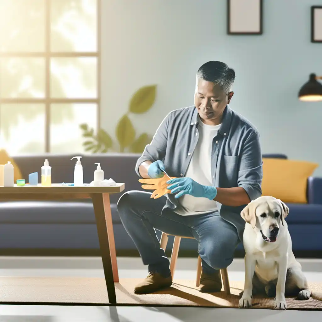 Владелец в защитных перчатках ухаживает за собакой, больной лишаем, соблюдая меры безопасности