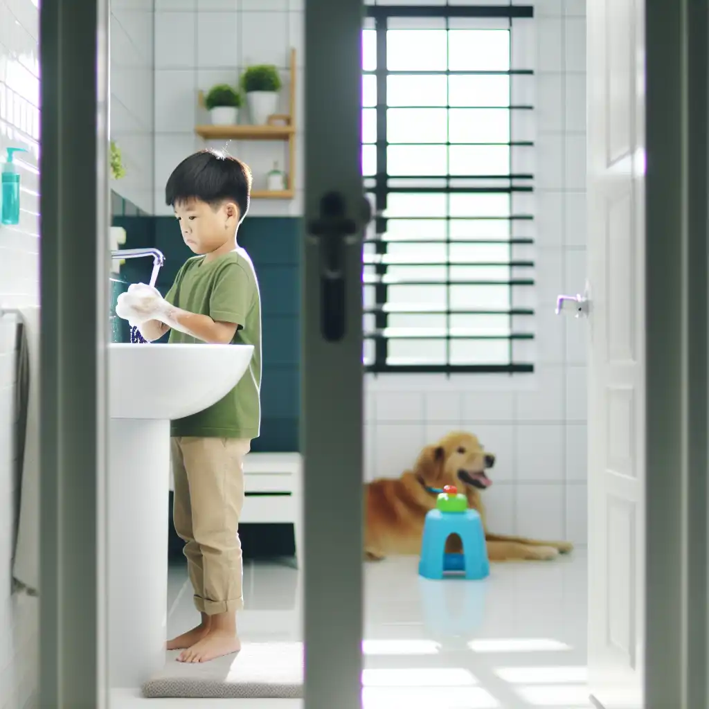 Ребенок тщательно моет руки с мылом после контакта с собакой для профилактики лишая