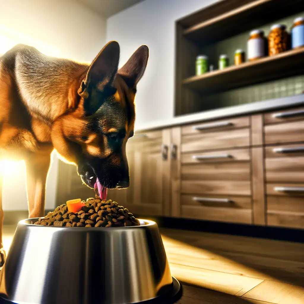 Здоровая собака с блестящей шерстью ест качественный корм — основа профилактики лишая