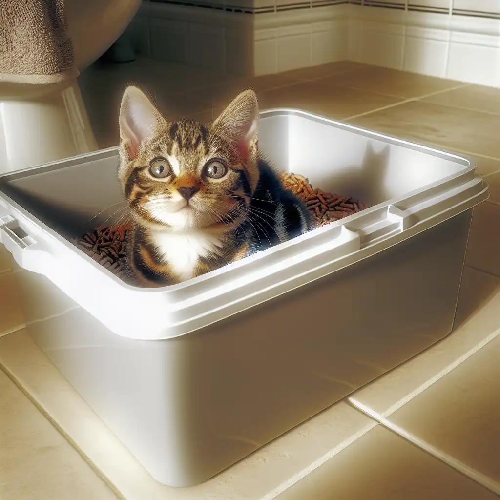 Маленький полосатый котенок сидит в открытом лотке с древесным наполнителем