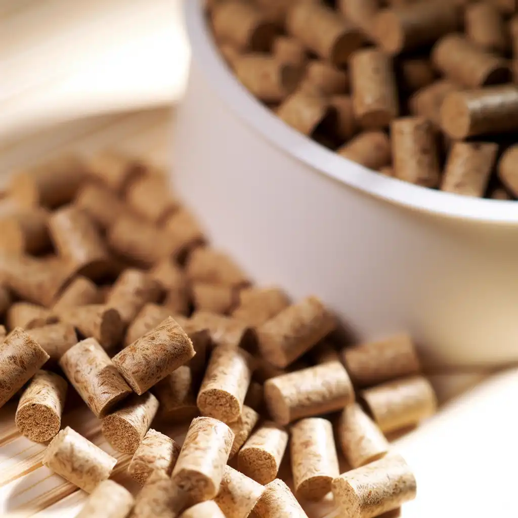 Крупный план древесного гранулированного наполнителя для кошачьего туалета