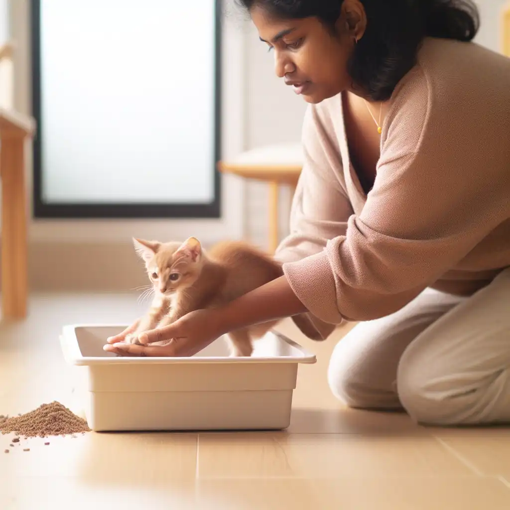 Владелец аккуратно сажает рыжего котенка в лоток для приучения к туалету
