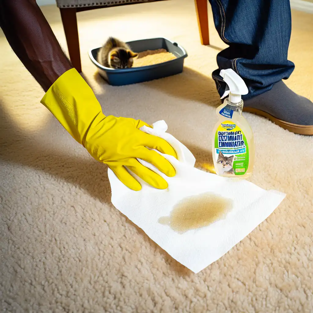 Уборка места промаха котенка с использованием энзимного очистителя и бумажных полотенец