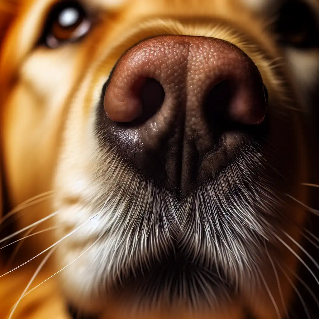 Крупный план морды золотистого ретривера с чётко видимыми усами-вибриссами