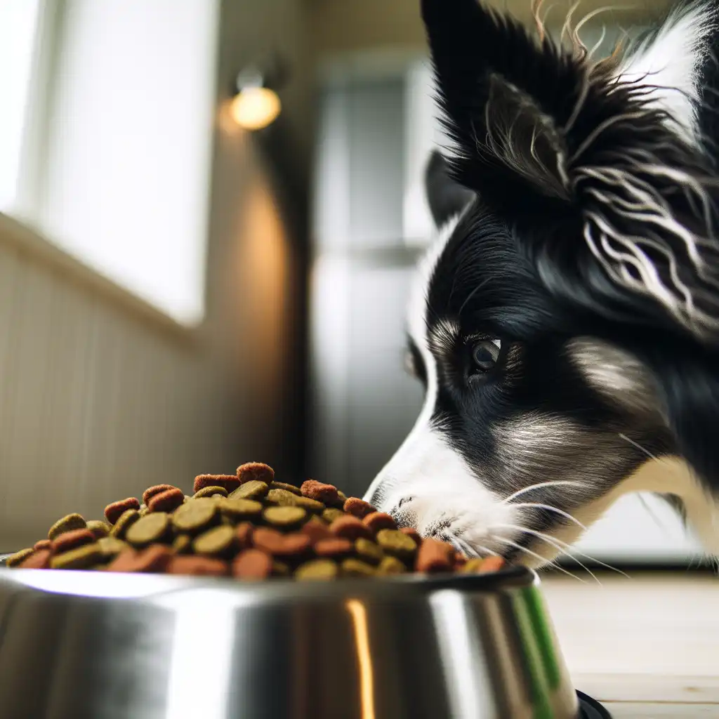 Бордер-колли внимательно обнюхивает миску с едой вблизи, используя усы для ориентации