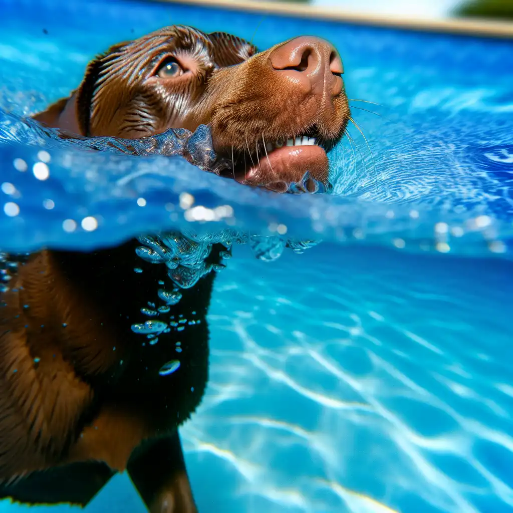 Лабrador плывёт в воде, используя усы для определения линии соприкосновения с водой