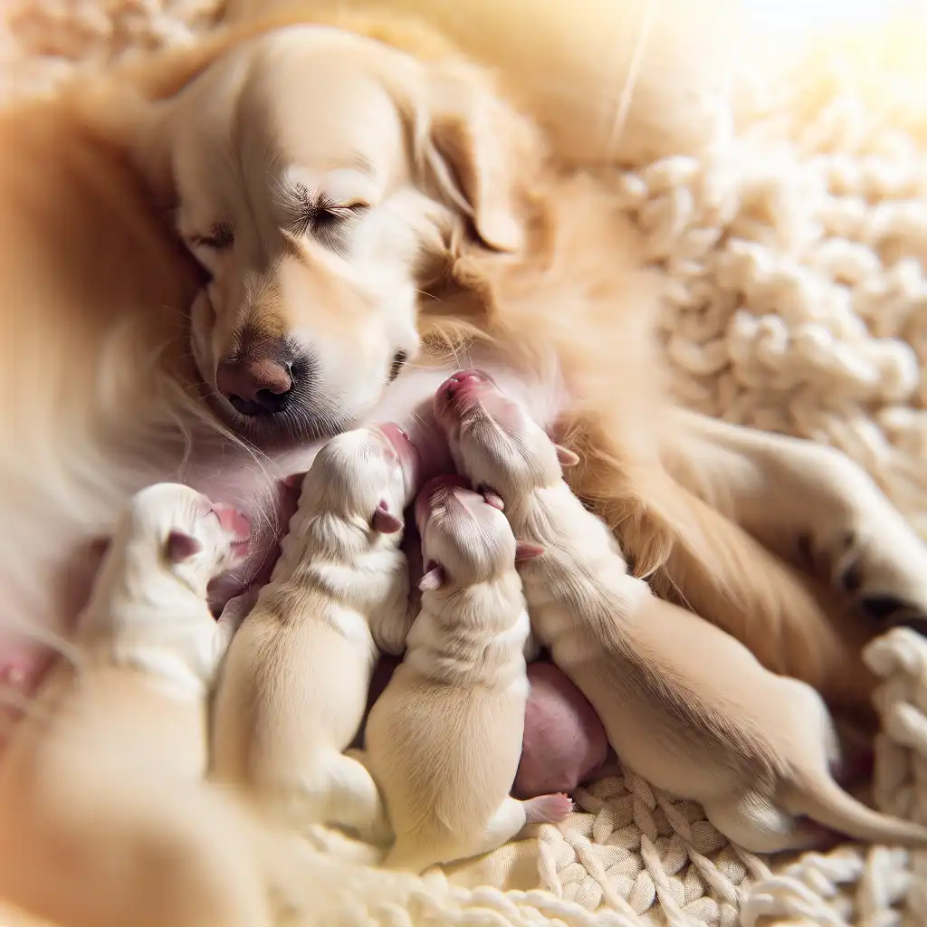 Новорождённые щенки золотистого ретривера с мамой, у которых уже видны усы
