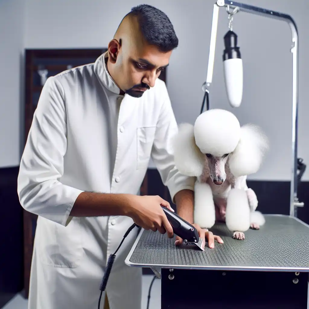 Профессиональный грумер стрижёт морду белого пуделя, включая область усов