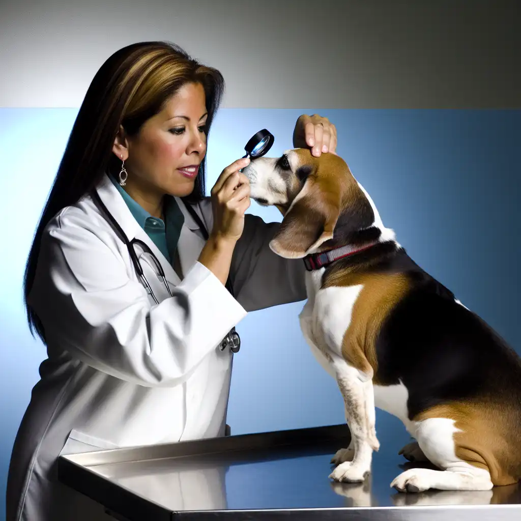Ветеринар осматривает морду и усы бигля во время медицинского осмотра