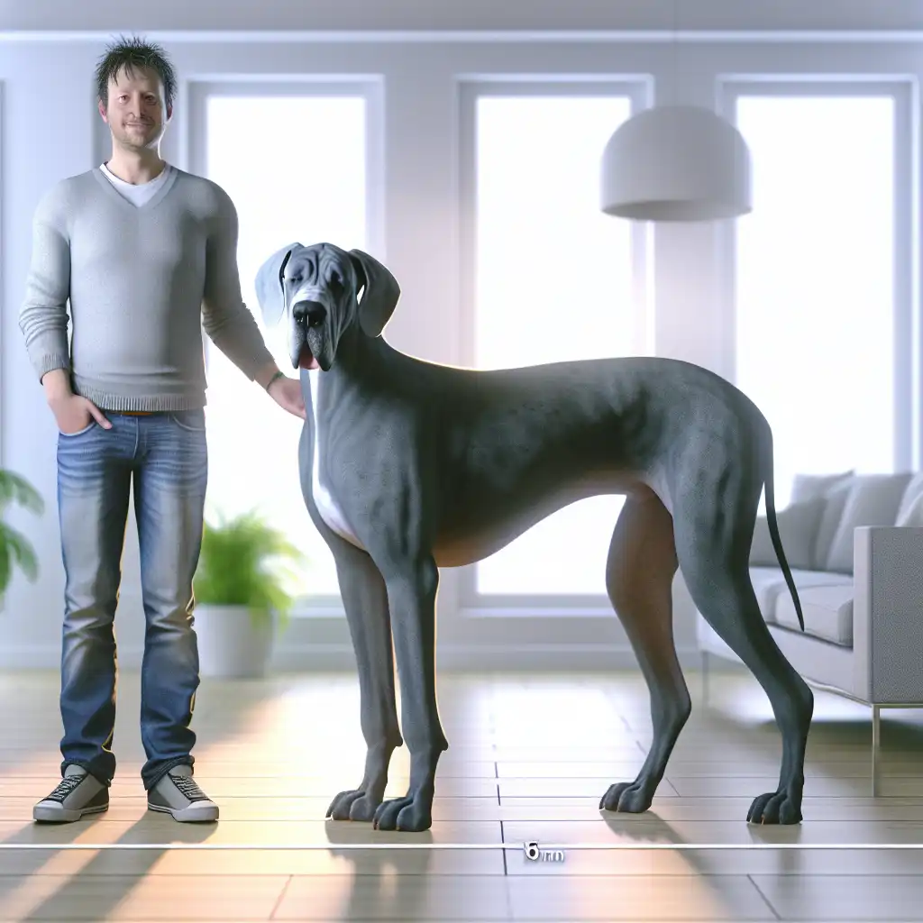 Немецкий дог стоит рядом с человеком, демонстрируя огромный размер породы