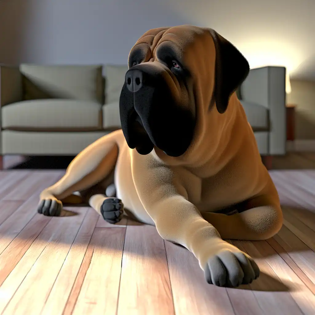 Английский мастиф крупным планом, демонстрирующий массивное телосложение и характерные складки