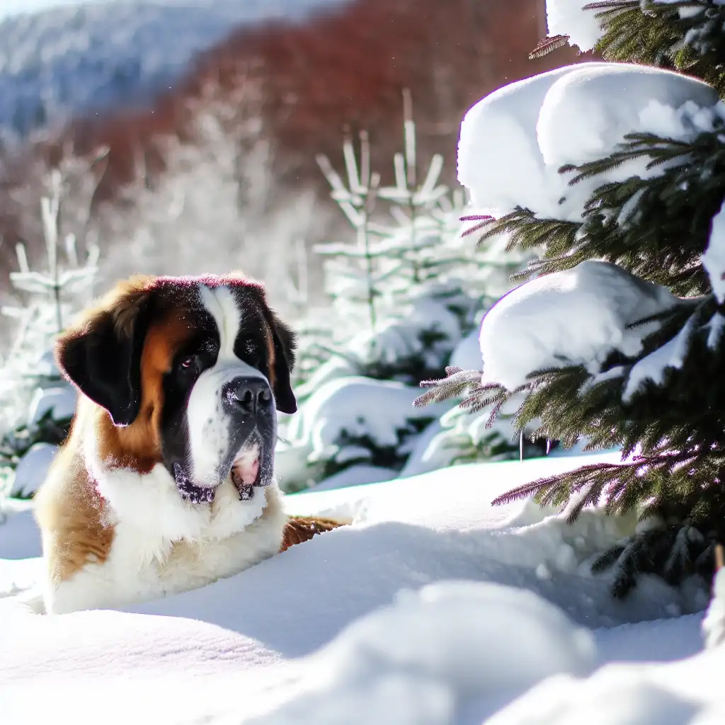 Сенбернар стоит в снегу, демонстрируя густую шерсть и мощное телосложение породы