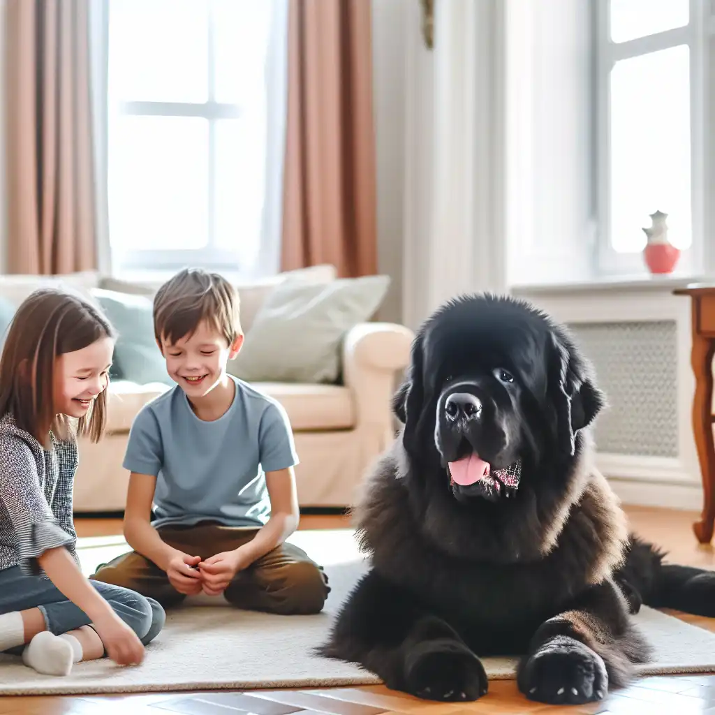Ньюфаундленд с детьми в домашней обстановке, показывающий дружелюбный характер породы