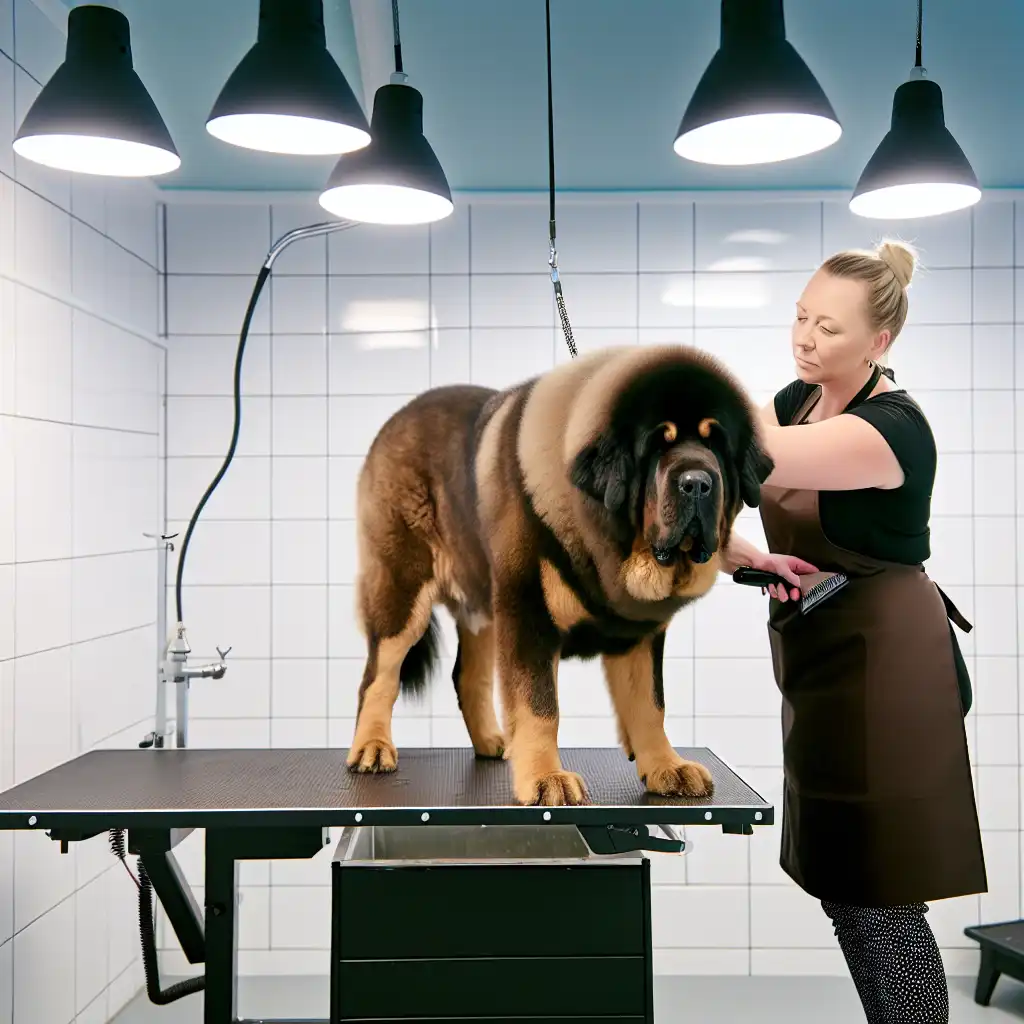 Профессиональный груминг крупной собаки в салоне, демонстрирующий уход за длинной шерстью