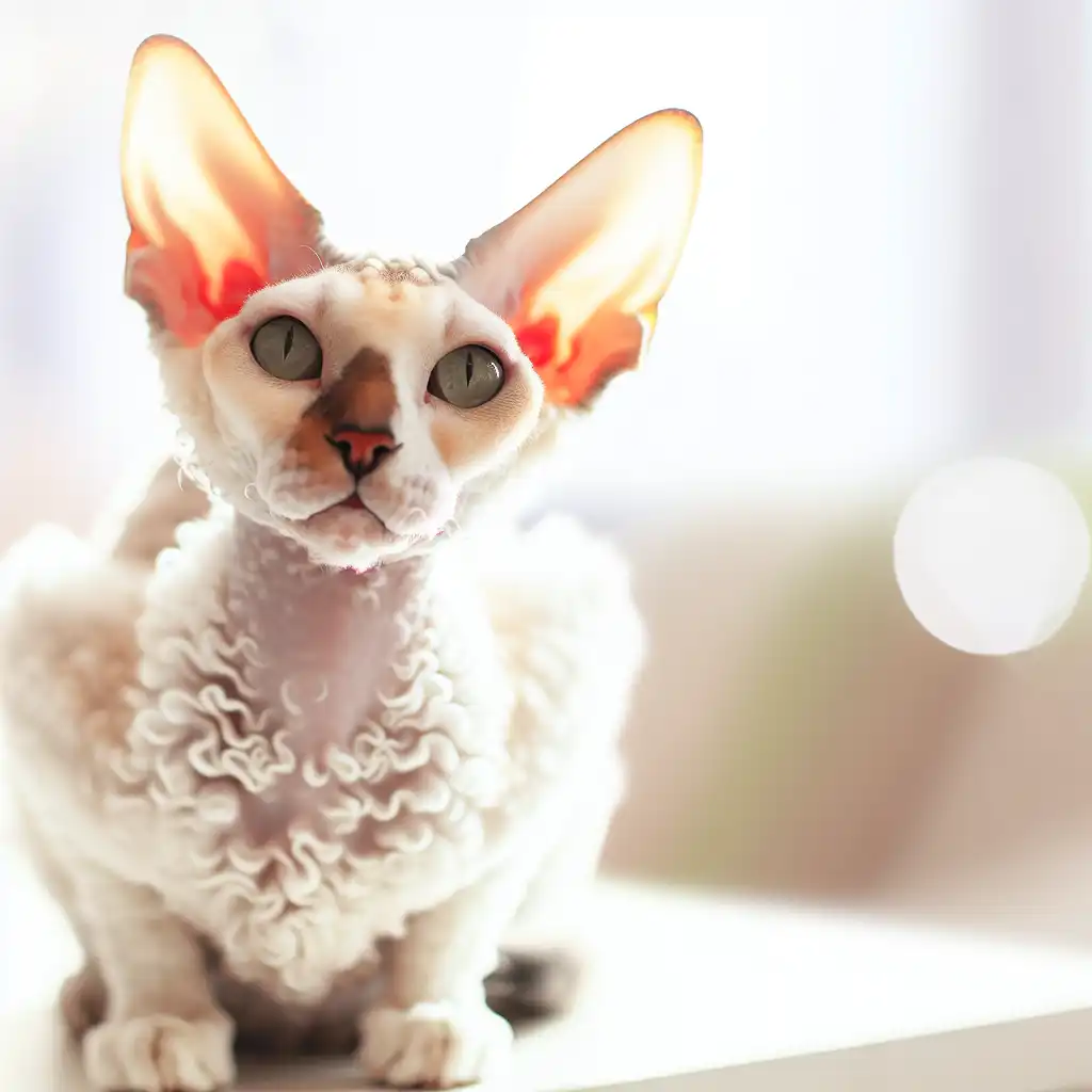 Корниш-рекс с характерной курчавой шерстью и большими ушами в домашней обстановке