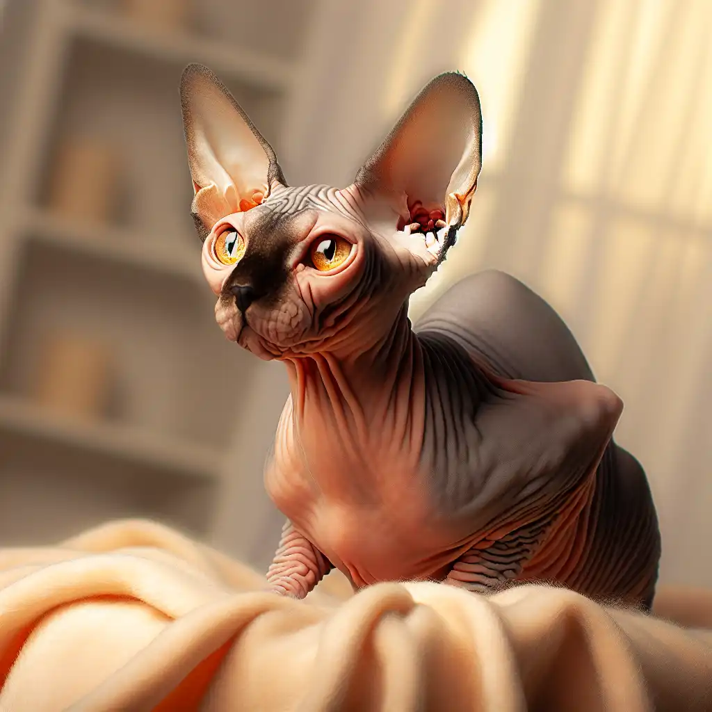 Бесшерстная кошка породы сфинкс с характерными складками кожи на светлом фоне