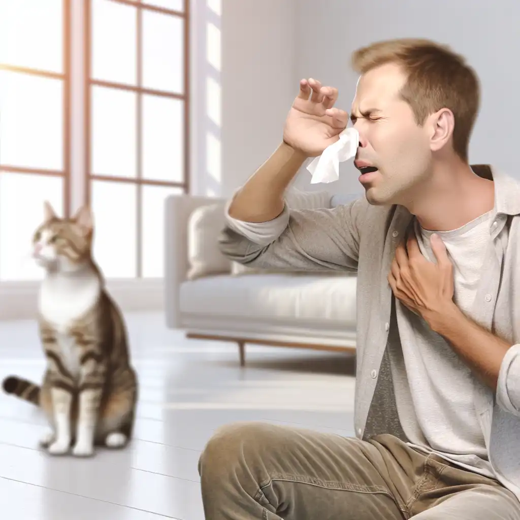 Человек чихает и держит салфетку, испытывая аллергическую реакцию в присутствии кошки