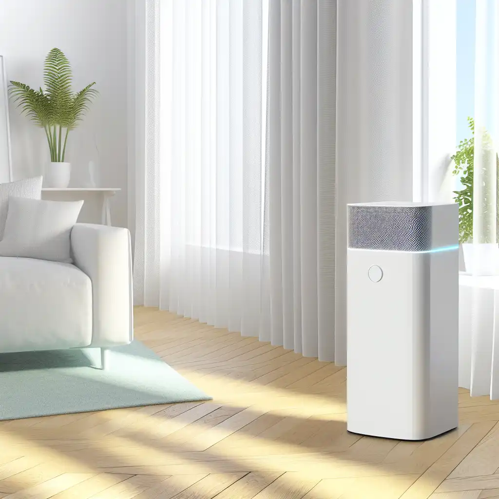 Современный воздухоочиститель с HEPA-фильтром в светлой гостиной комнате