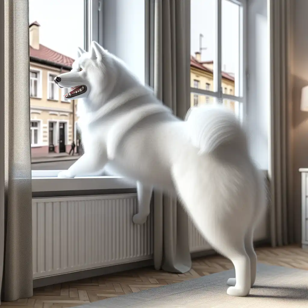 Белая собака стоит у окна на задних лапах и лает на прохожих на улице