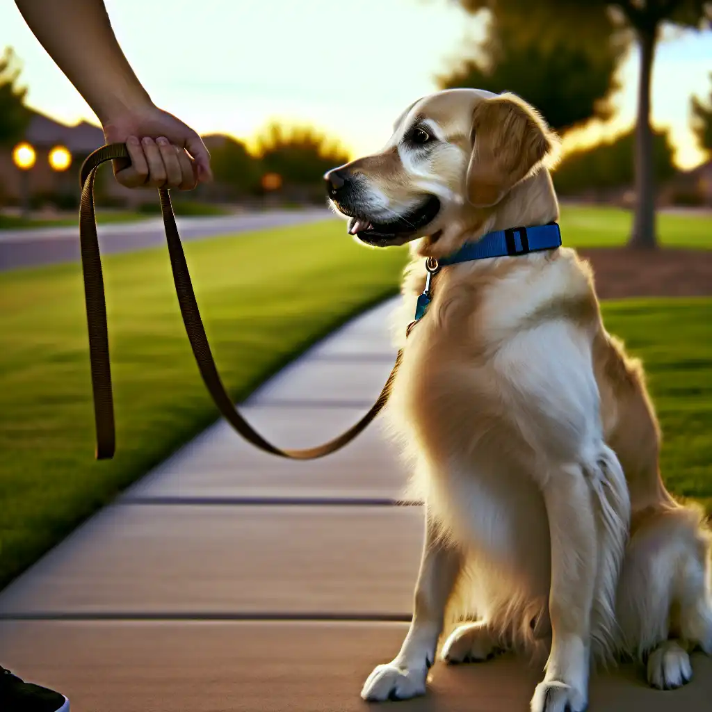 Золотистый ретривер спокойно сидит на поводке и смотрит на хозяина во время прогулки