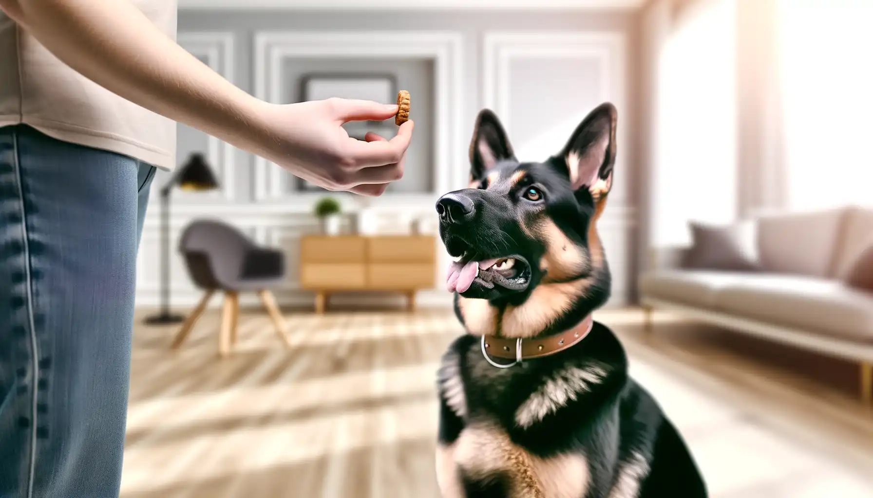 Немецкая овчарка спокойно сидит и получает лакомство за выполнение команды «Тихо»