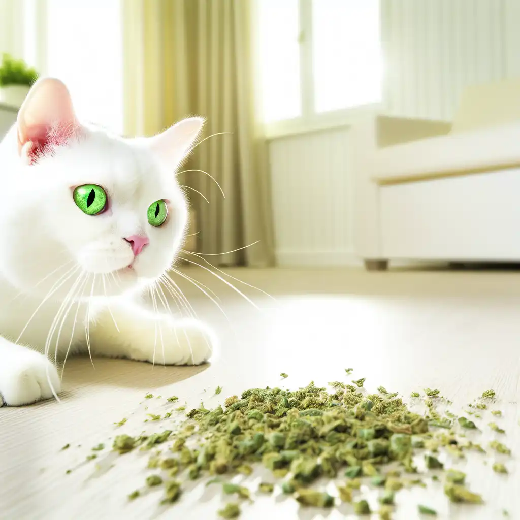 Белая домашняя кошка с интересом нюхает сушёную кошачью мяту на деревянном полу