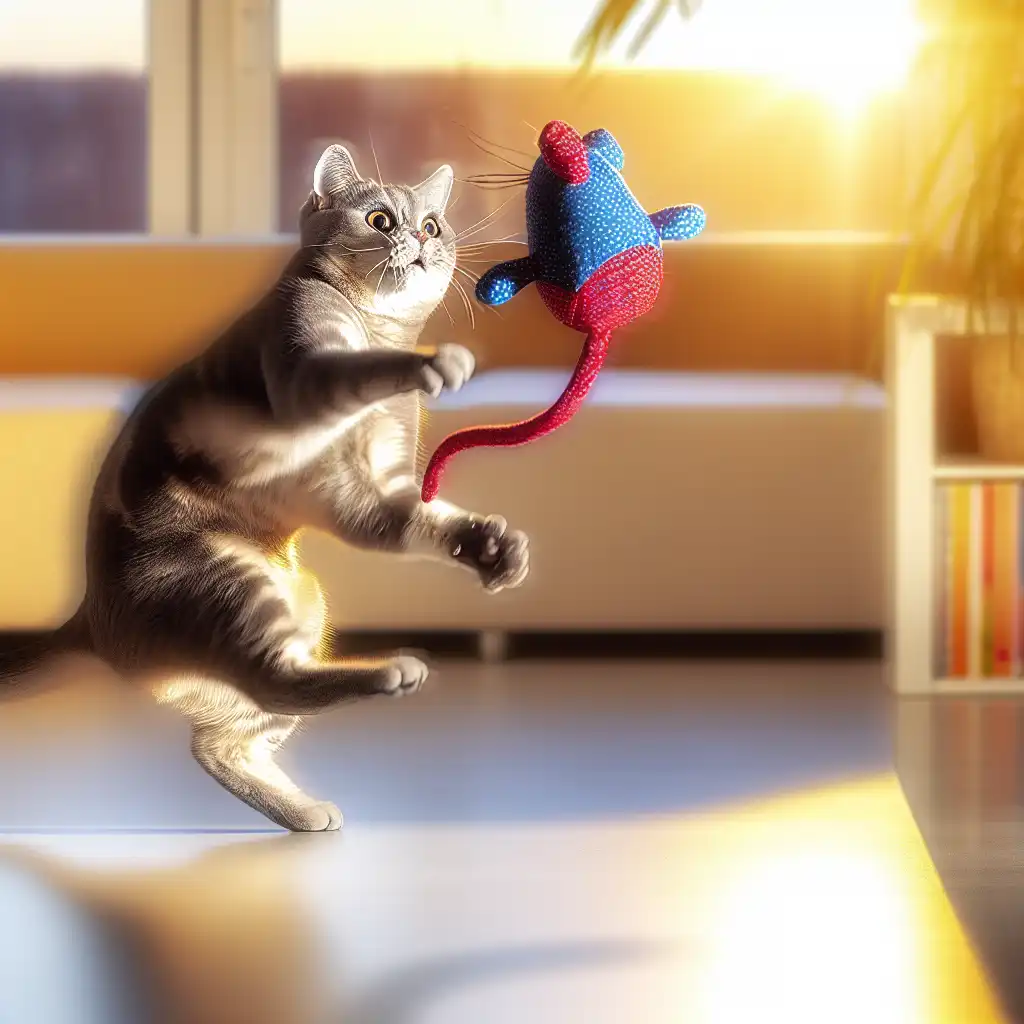 Серый полосатый кот в прыжке играет с яркой игрушкой, наполненной кошачьей мятой