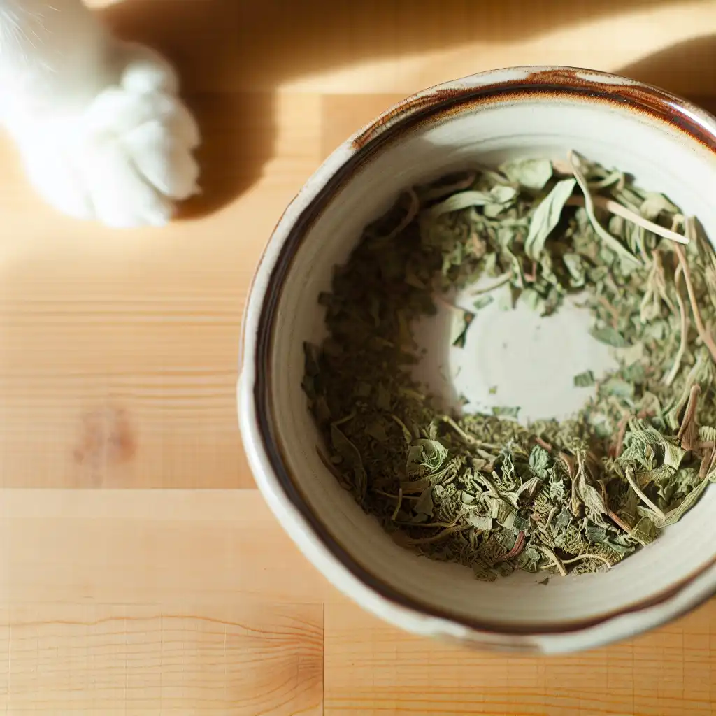 Керамическая миска с сушёной кошачьей мятой на деревянном столе, кошачья лапа тянется к ней