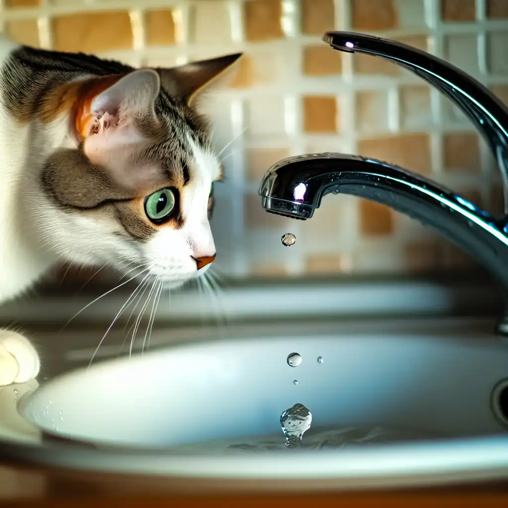 Полосатая кошка с любопытством наблюдает за каплями воды из крана