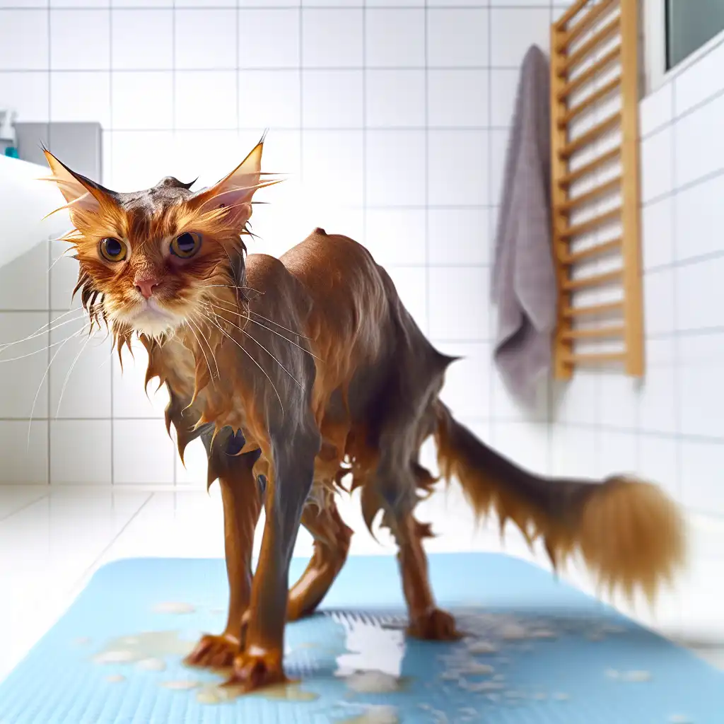 Мокрая рыжая кошка с прижатыми ушами стоит на коврике после купания