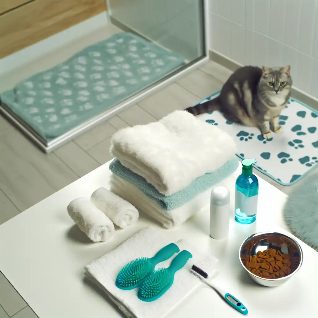 Разложенные на столе принадлежности для купания кошки: полотенца, шампунь, перчатки и лакомства