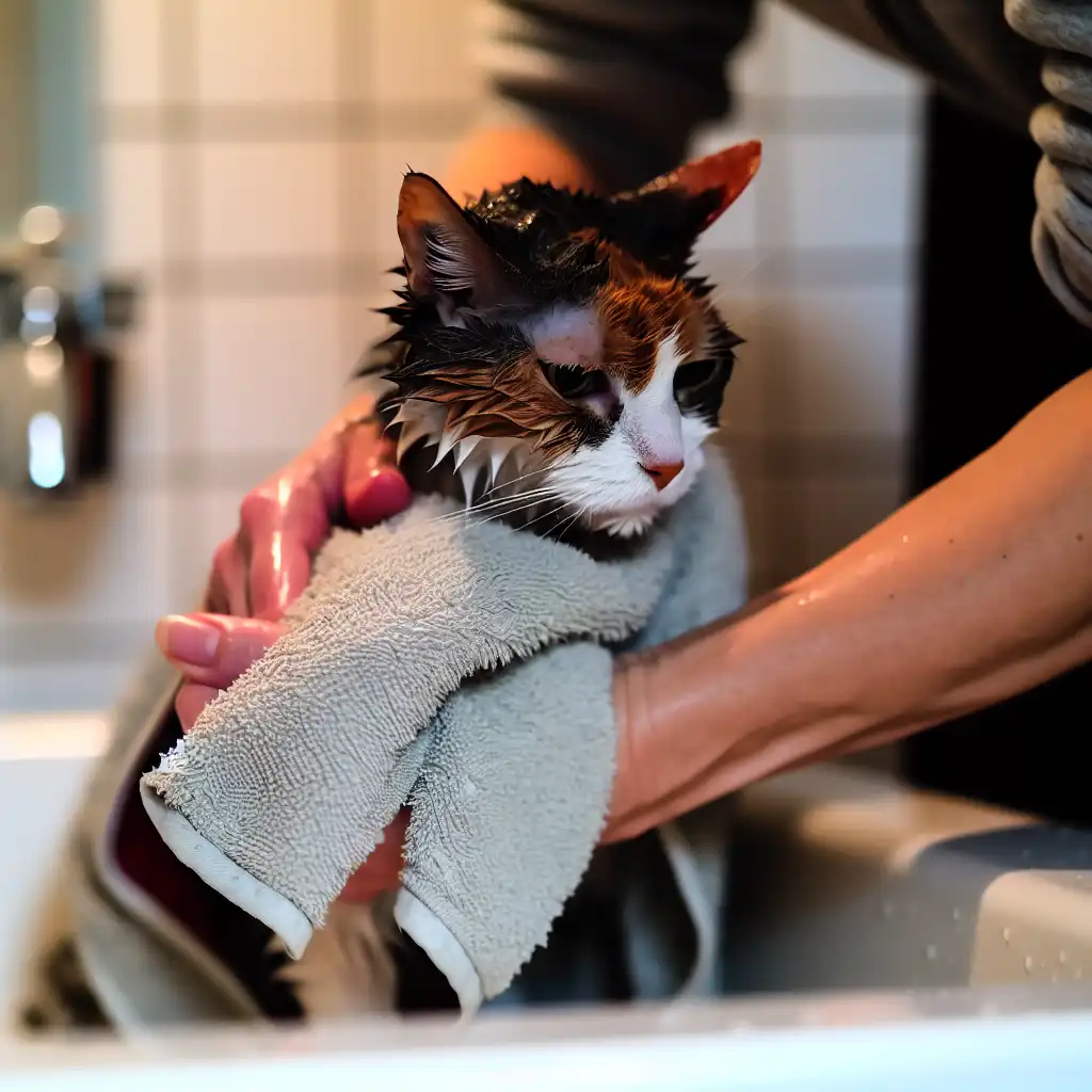 Руки владельца аккуратно промокают полотенцем трёхцветную кошку после купания