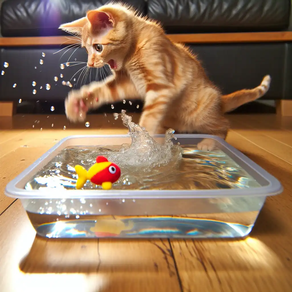 Рыжий котёнок с восторгом играет лапой с плавающей игрушкой в тазу с водой