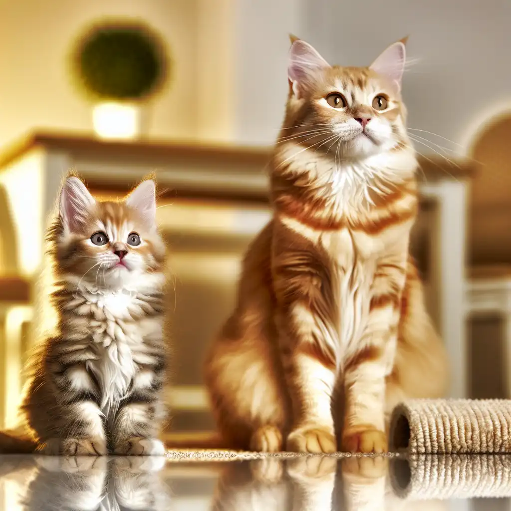 Котёнок и взрослая кошка сидят рядом, демонстрируя разные этапы жизни