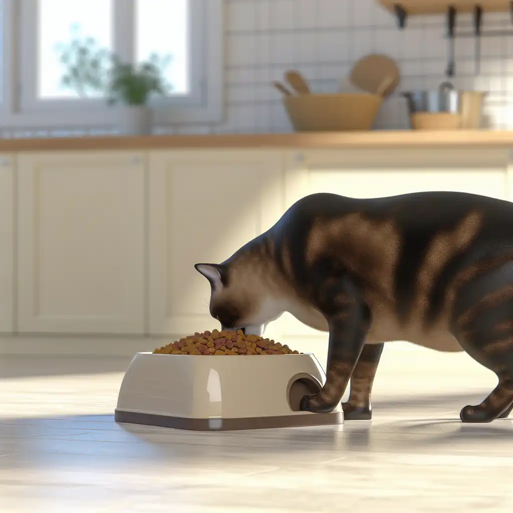 Домашняя кошка ест качественный корм из керамической миски на кухне