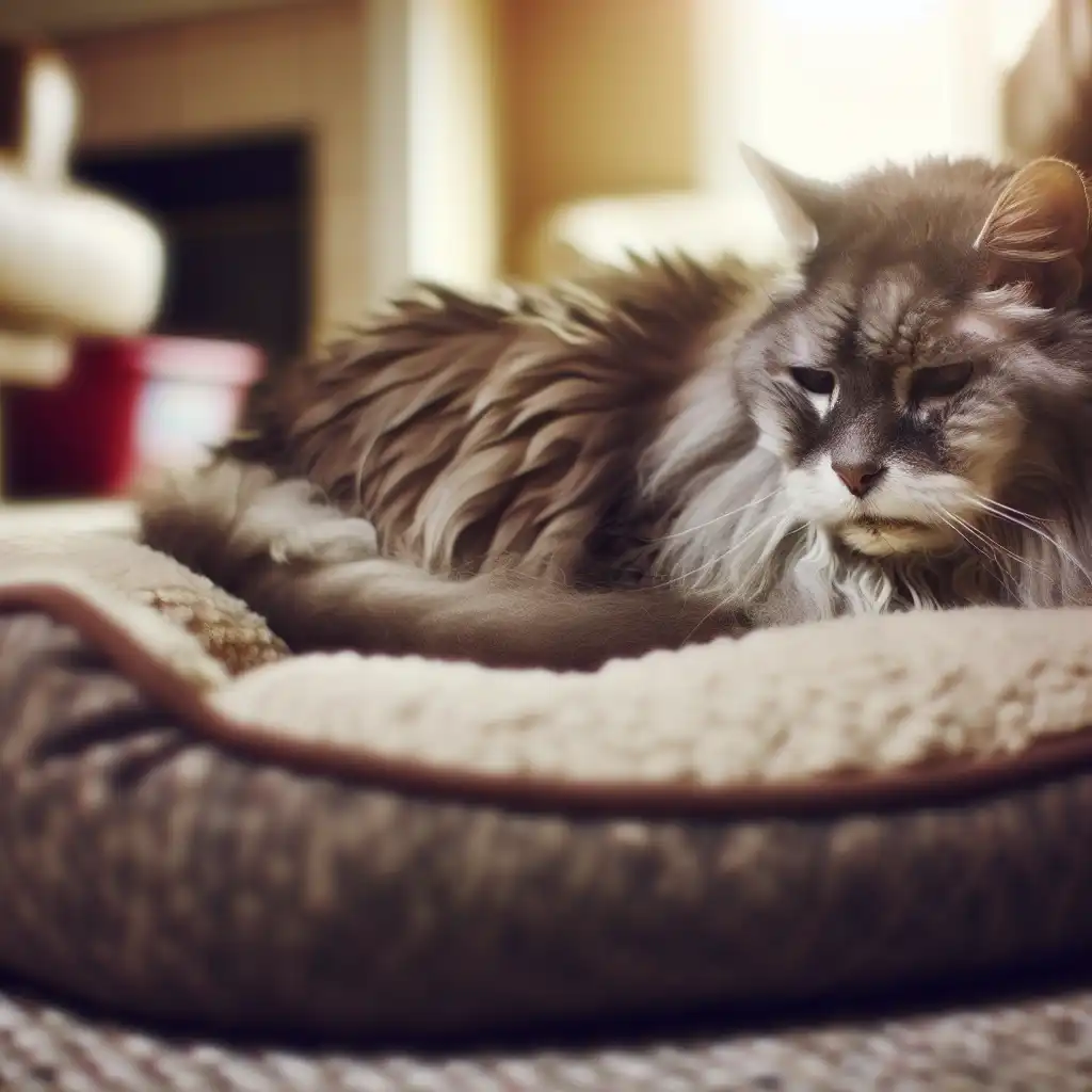 Пожилая кошка спокойно отдыхает на мягкой лежанке в уютном уголке дома