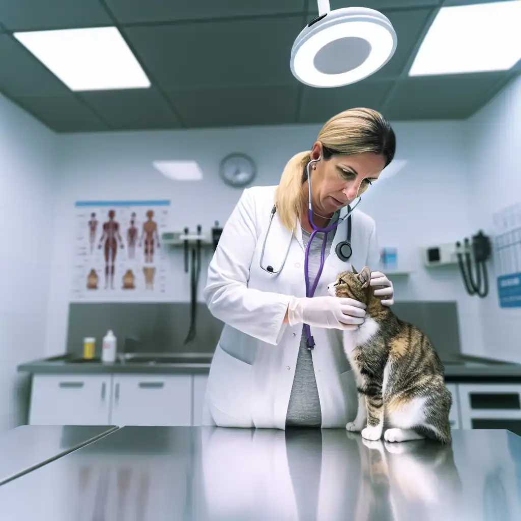 Ветеринарный врач осматривает кошку во время планового осмотра в клинике