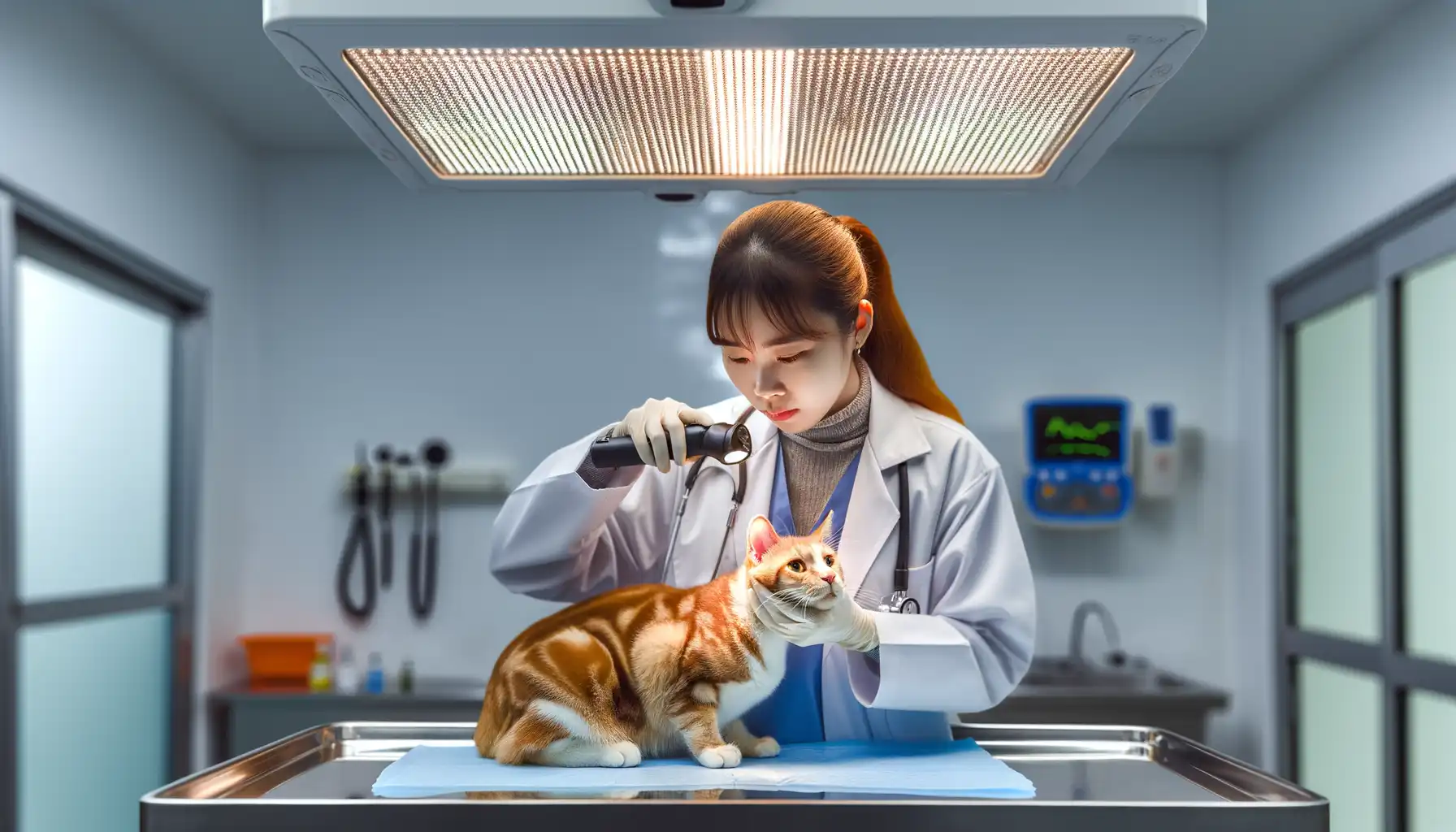 Ветеринарный врач проводит осмотр носа кошки в клинике