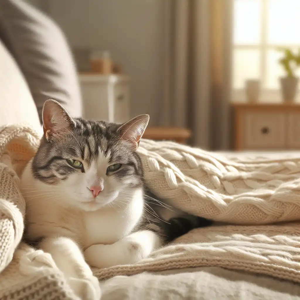 Кошка отдыхает на мягком теплом одеяле во время выздоровления