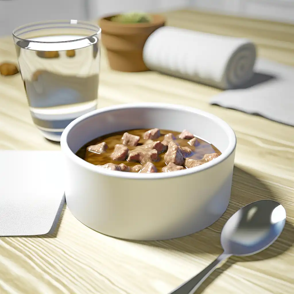 Миска с подогретым влажным кормом для кошки с насморком