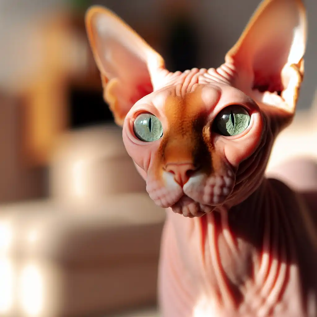 Крупный портрет кошки породы сфинкс с персиковой кожей и выразительными зелеными глазами
