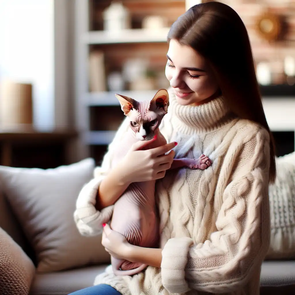 Хозяйка нежно обнимает кошку сфинкса в уютной домашней обстановке